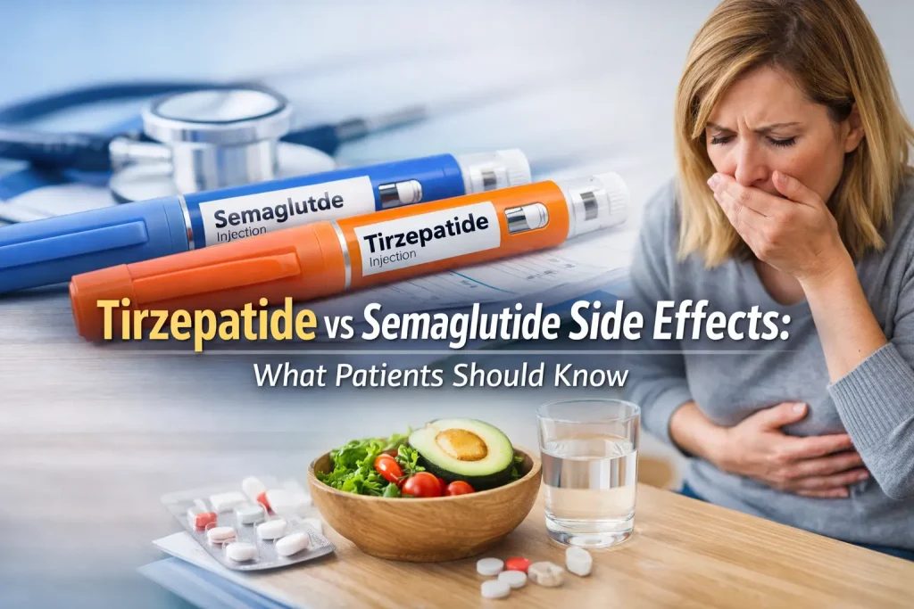 Horizontal featured image showing semaglutide and tirzepatide injection pens beside a woman holding her stomach, with overlaid text reading “Tirzepatide vs Semaglutide Side Effects: What Patients Should Know.”
