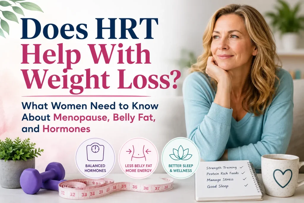 Horizontal featured image showing a middle-aged woman in workout clothing smiling confidently while standing in a bright wellness setting, with subtle menopause and hormone health imagery in the background. Overlaid text reads: “Does HRT Help With Weight Loss? What Women Need to Know About Menopause, Belly Fat, and Hormones”.
