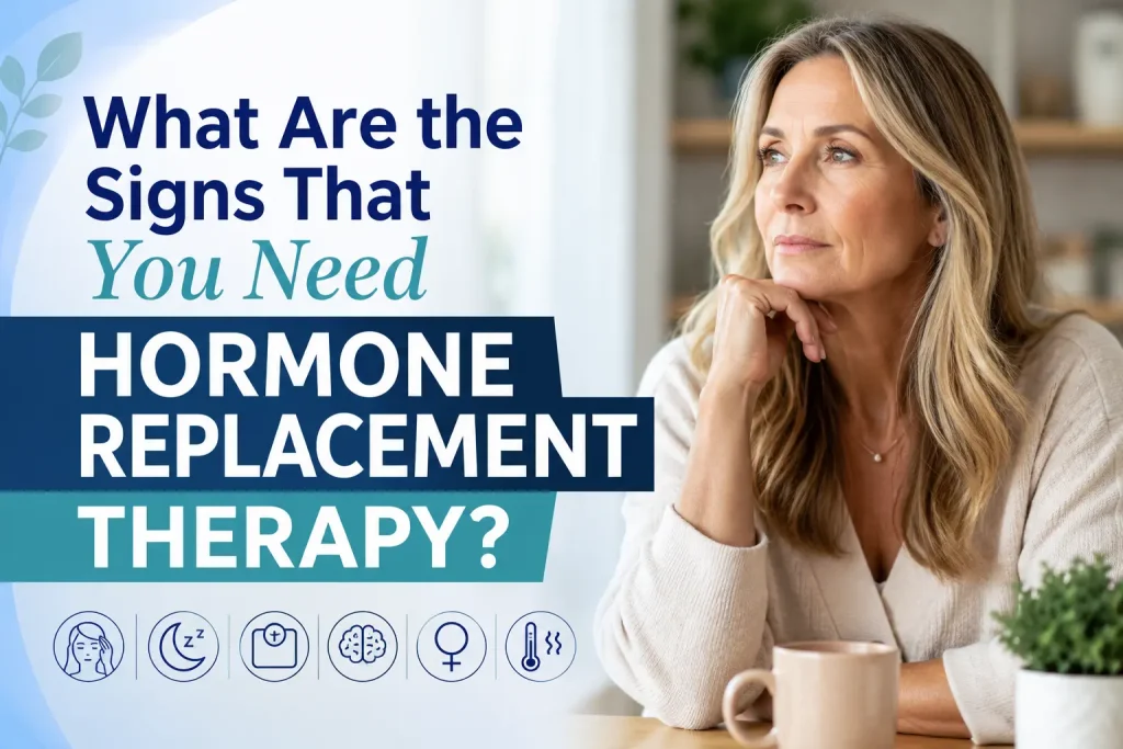 Horizontal featured image showing a thoughtful middle-aged woman sitting at a table with overlaid text reading “What Are the Signs That You Need Hormone Replacement Therapy?” alongside wellness-themed icons related to fatigue, sleep, brain fog, hormones, and hot flashes.