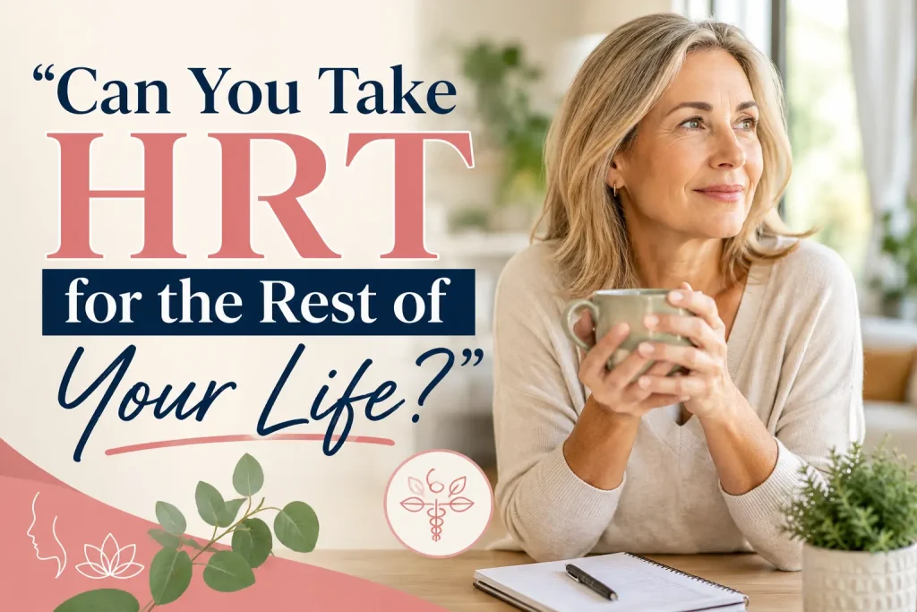 Woman in her 50s or 60s smiling calmly in a bright wellness setting with soft natural lighting and overlaid text reading “Can You Take HRT for the Rest of Your Life?”