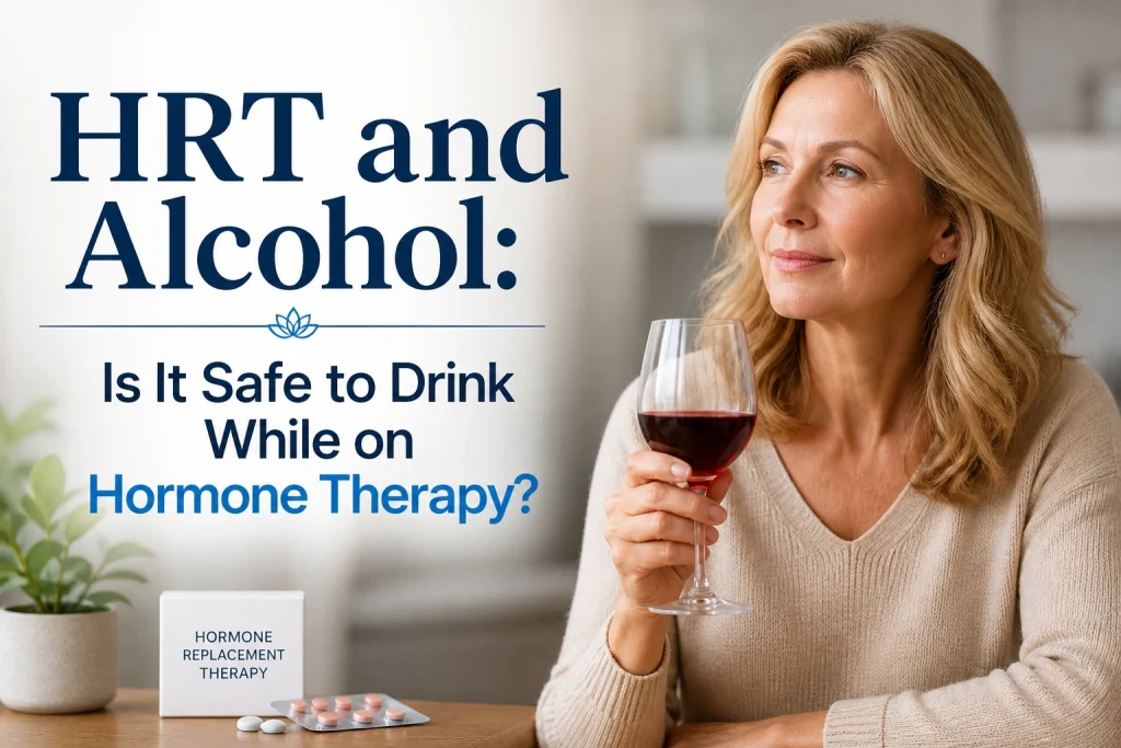 Horizontal featured image showing a middle-aged woman holding a glass of wine with overlaid text reading “HRT and Alcohol: Is It Safe to Drink While on Hormone Therapy?” in a clean, medical-style design.