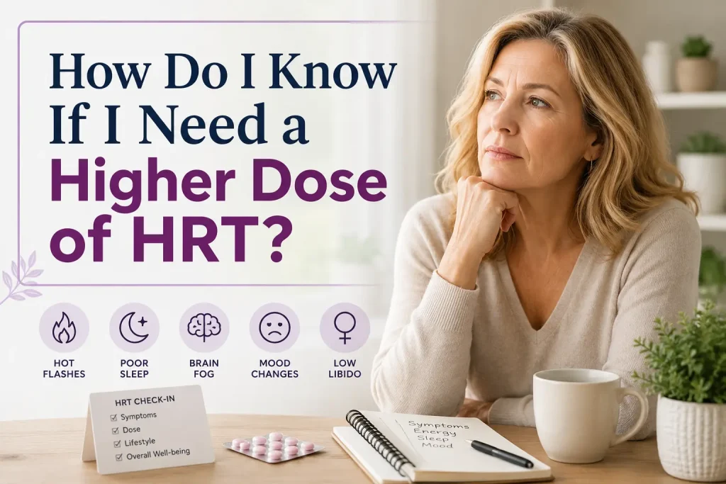 A middle-aged woman sits thoughtfully at a table while reviewing her symptoms and HRT treatment plan. The image includes the headline "How Do I Know If I Need a Higher Dose of HRT?" alongside icons representing hot flashes, poor sleep, brain fog, mood changes, and low libido, illustrating common signs that hormone replacement therapy may need adjustment.
