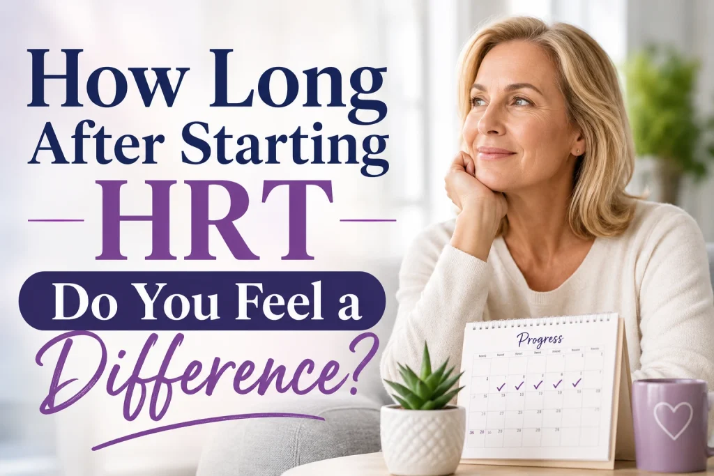Woman smiling and looking healthy while reviewing a wellness timeline, with hormone therapy-themed medical imagery in the background and the text "How Long After Starting HRT Do You Feel a Difference?" displayed across the image.