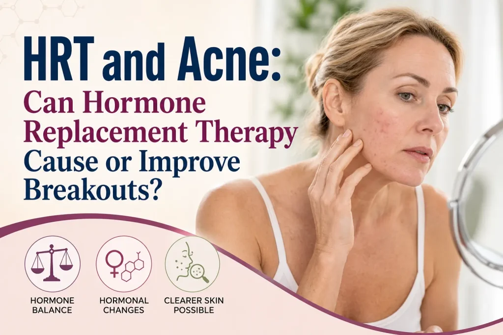 Middle-aged woman examining acne and skin blemishes on her cheek while looking into a mirror, with overlaid text reading "HRT and Acne: Can Hormone Replacement Therapy Cause or Improve Breakouts?" and icons representing hormone balance, hormonal changes, and clearer skin.