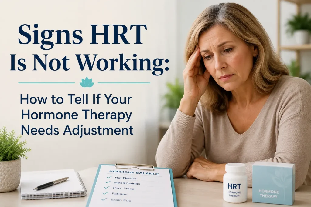 Woman looking concerned while reviewing her hormone therapy treatment plan with a healthcare provider, with overlay text reading "Signs HRT Is Not Working: How to Tell If Your Hormone Therapy Needs Adjustment."