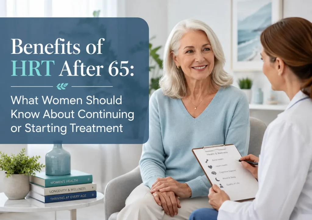 Smiling older woman in a light blue sweater discussing hormone therapy with a female healthcare provider holding a wellness checklist, beside text reading, “Benefits of HRT After 65: What Women Should Know About Continuing or Starting Treatment.”