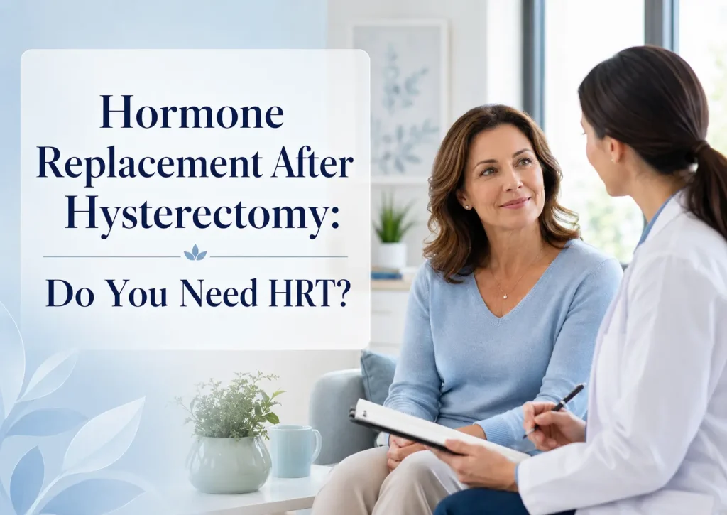 Middle-aged woman discussing hormone replacement after hysterectomy with a female healthcare provider in a bright clinic, beside the article title.