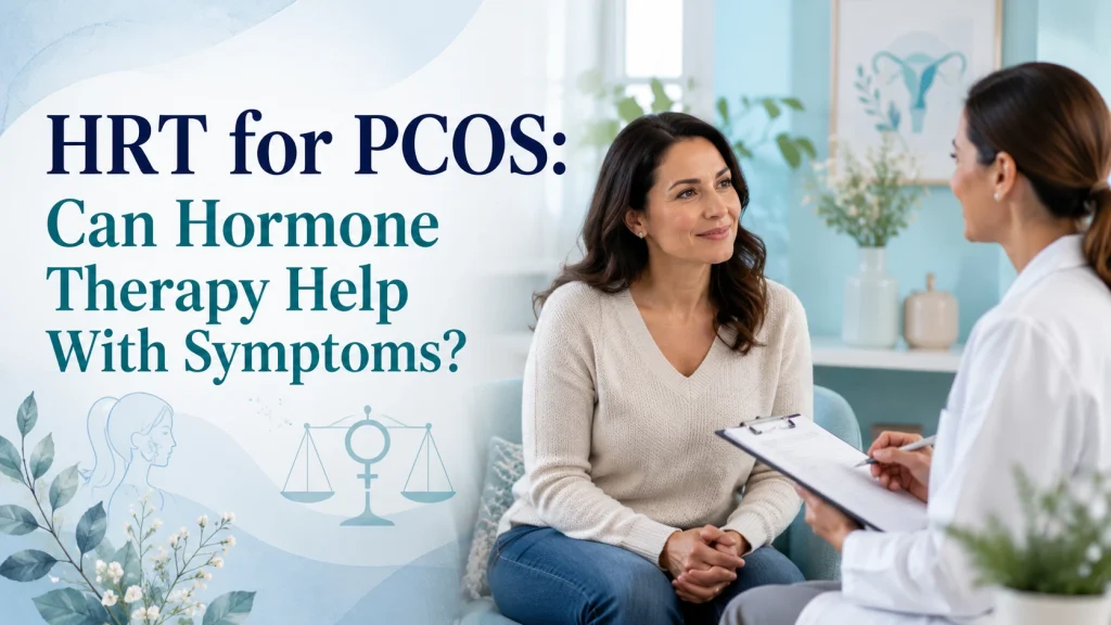 Woman discussing HRT for PCOS with a healthcare provider in a bright wellness clinic, with overlaid article title text about hormone therapy and symptoms.