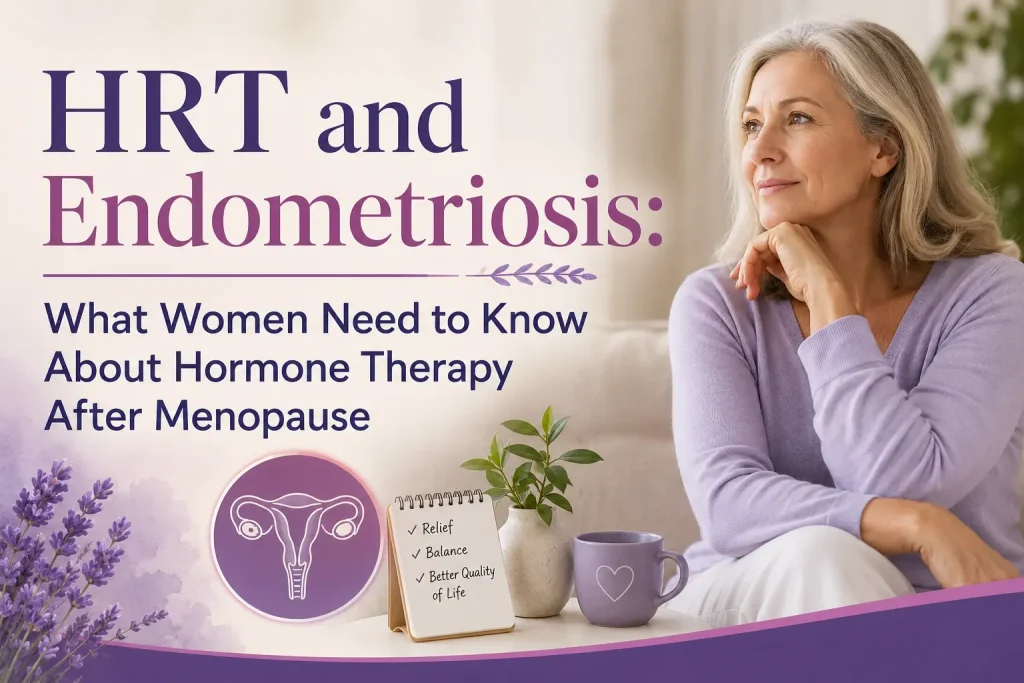 A middle-aged woman sits thoughtfully in a bright living room beside a mug and small plant, representing menopause and women's health. The image includes a uterus icon and the title "HRT and Endometriosis: What Women Need to Know About Hormone Therapy After Menopause" in large text on a soft purple and cream background.